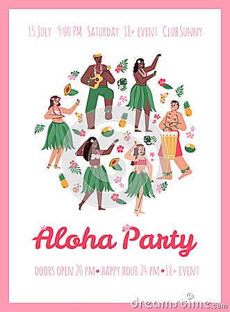 Poster for Aloha Party with Hawaiian Hula dancers cartoon vector illustration. Vector Illustration