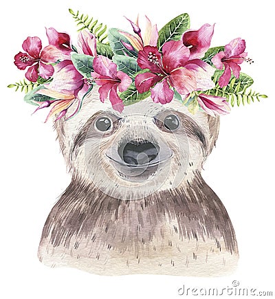 A poster with a baby sloth. Watercolor cartoon sloth tropical animal illustration. Jungle exotic summer print. Cartoon Illustration