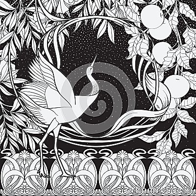 Poster, background with decorative flowers and bird in art nouveau style. Black-and-white graphics.n Vector Illustration