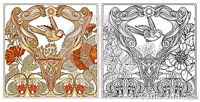 Poster, background with decorative flowers and bird in art nouveau style, vintage, old, retro style. Outline coloring Vector Illustration