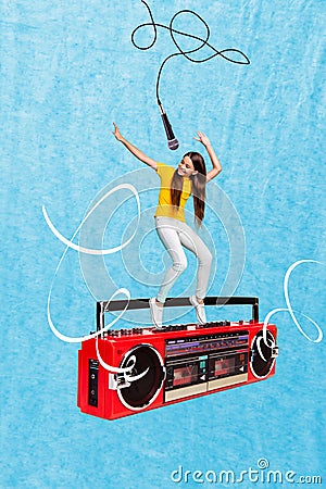 Poster banner collage of funny rocker young kid girl advertise school party with boom box singing music mic Stock Photo
