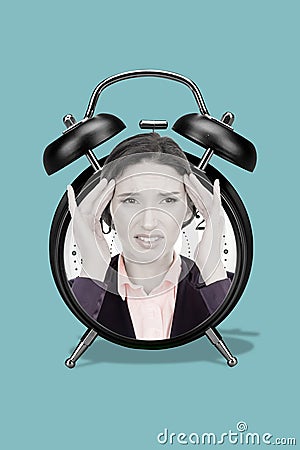 Poster banner collage of stressed unhappy lady manager suffer terrible headache pain like clock bell ring Stock Photo
