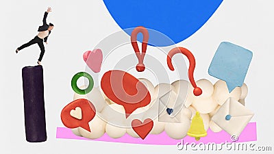 Poster. Banner. Contemporary art collage. Business woman falling down to bunch of play dough balls with chats, likes Stock Photo