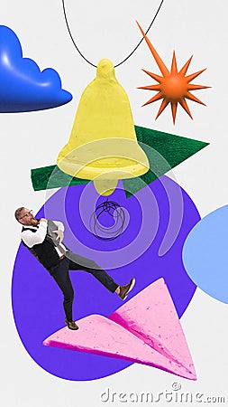 Poster. Banner. Contemporary art collage. Businessman, boss with bag flying to success on play dough airplane over Stock Photo