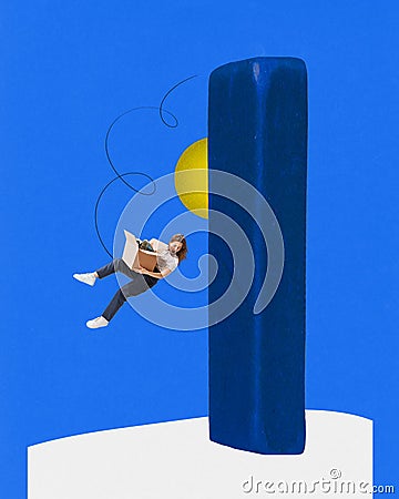 Poster. Banner. Contemporary art collage. Creative artwork. Woman with huge box with things falling down from plasticine Stock Photo