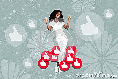 Poster banner 3d collage picture of crazy carefree afro american girl have fun celebrate blog popularity isolated on Stock Photo