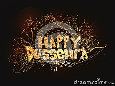 Poster, Banner with Golden Text Happy Dussehra. Cartoon Illustration