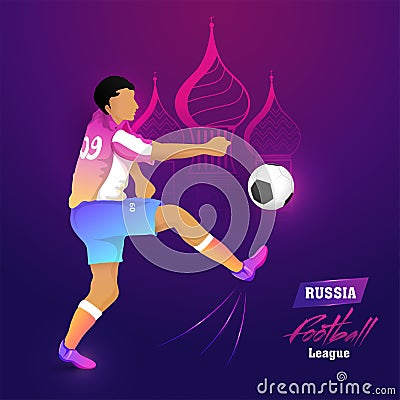 Poster or banner for Russia football league concept with footballer character on glowing purple background. Stock Photo