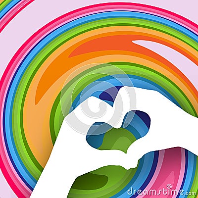 Poster banner template Baby hands in the shape of a heart on a bright colorful abstract background Creative modern youth concept Vector Illustration