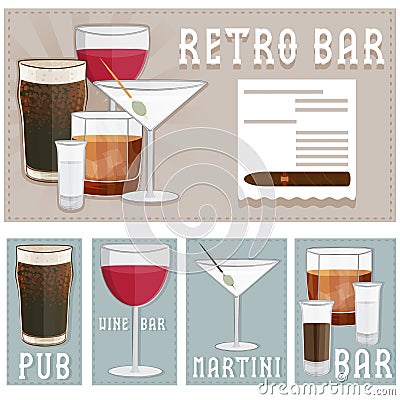 poster of bar with glasses of different drinks Vector Illustration