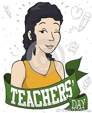 Beautiful Female Educator with Greeting Ribbon Celebrating Teachers` Day, Vector Illustration Vector Illustration