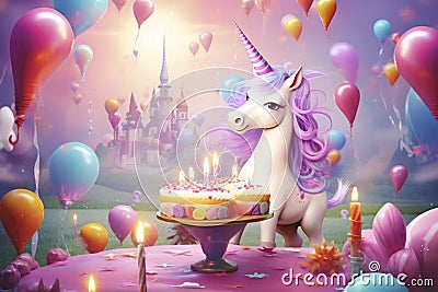 Birthday card with unicorn, cake, balloons and candles in bright colors Stock Photo