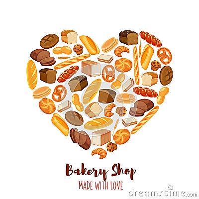 Poster bread products heart shaped Vector Illustration