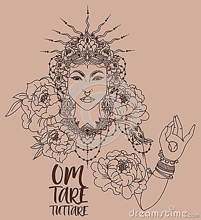 Poster with buddhist mantra `om tare tuttare` and beautiful female goddess Vector Illustration