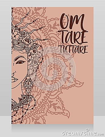 Poster with buddhist mantra `om tare tuttare` and beautiful female goddess Tara Vector Illustration