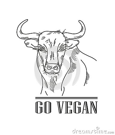 Poster with bull sketch portrait black and white and text go vegan on beige background. Vector illustration Vector Illustration