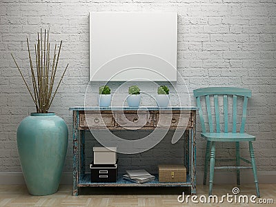 Poster Canvas Mockup with vintage turquoise interior Stock Photo