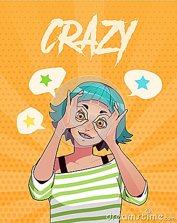 Poster, card or t-shirt print with funny excited girl showing Ok gestures with both hands. Anime style illustration Vector Illustration