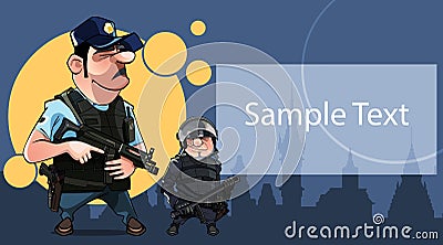 Poster card with two cartoon armed policemen and space for text Vector Illustration