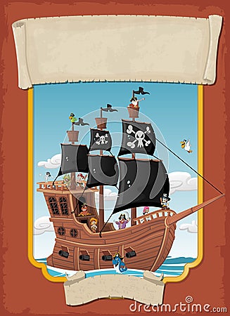 Poster with cartoon pirates on a ship at the sea. Vector Illustration