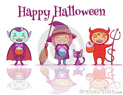 Poster with Children in halloween costumes of witch, vampire and devil are ready for Happy Halloween Party. Isolated on Vector Illustration
