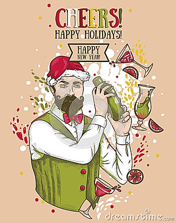 Poster for christmas or new year party with attractive bartender in Santa hat and cocktails Vector Illustration