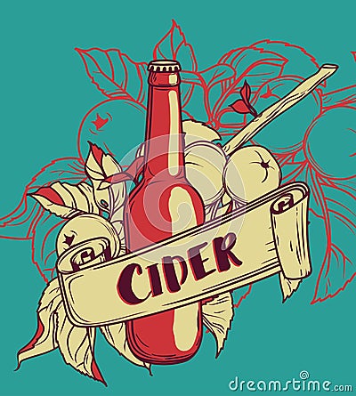 Poster for cider season with beautiful branch of apple tree and bottle of cider Vector Illustration