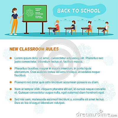 Poster for classroom rules. Teacher and kids wearing face masks. Back to school in New normal. Vector Illustration