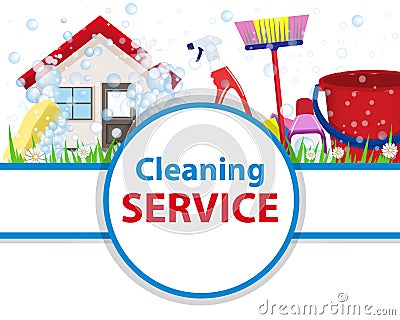 Poster clean house with tools for cleanliness and disinfection. Vector Illustration