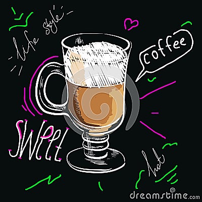 Poster coffee mocha in vintage style drawing with chalk on the blackboard. coffee illustration with slogan Vector Illustration