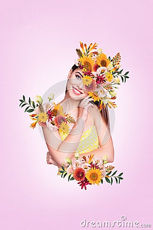 Poster collage banner of gentle lady dryad forest princess have wild garden flowers happy smiling on pink color Stock Photo