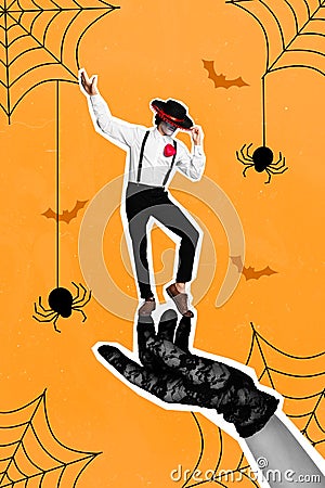 Poster collage of guy in mexican costume dance on medieval goth decor hand isolated yellow color web spider background Stock Photo