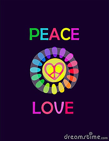 Poster with colorful daisy, hippie sign in heart shape and love hippie lettering for shirt design Vector Illustration