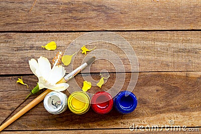 Poster colour art, paintbrush and flowers of lifestyle Stock Photo