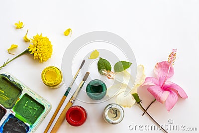Poster colour art, palette, paintbrush and flowers of lifestyle Stock Photo