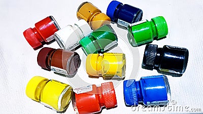 Poster colour 12 bottles with white background Stock Photo