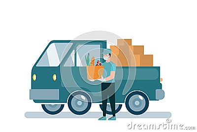 Poster concept for home delivery. Restaurant or supermarket delivering food at doorstep in quarantine. Sitting home and Order Cartoon Illustration