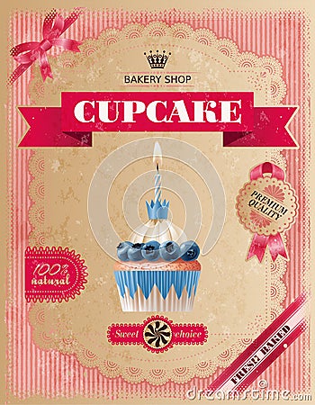 Poster of confectionery bakery with cupcakes Vector Illustration