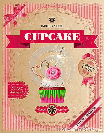 Poster of confectionery bakery with cupcakes Vector Illustration