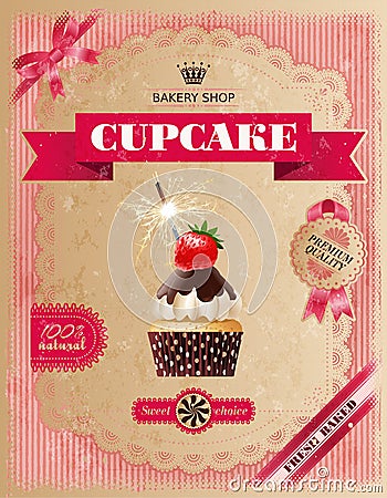 Poster of confectionery bakery with cupcakes Vector Illustration