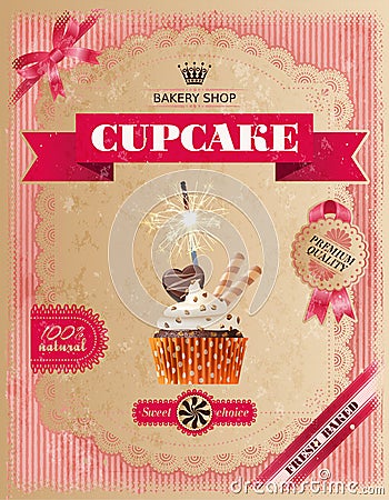 Poster of confectionery bakery with cupcakes Vector Illustration