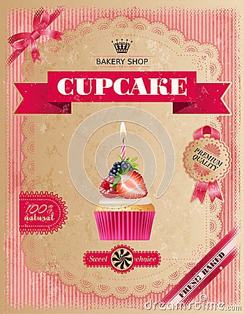 Poster of confectionery bakery with cupcakes Vector Illustration