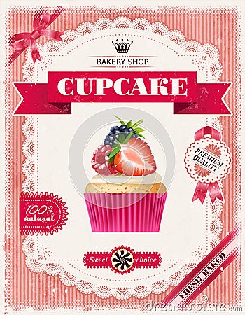 Poster of confectionery bakery with cupcakes Vector Illustration