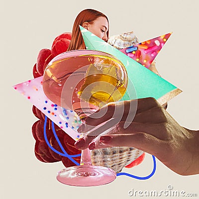 Poster. Contemporary art collage. Female hand holds light sweet cocktail over creative modern background. Stock Photo