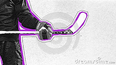 Poster. Contemporary art collage. Focused athlete man holds hockey stick. Line art. Grainy fabric effect. Stock Photo