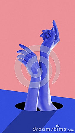 Poster. Contemporary art collage. hands in blue monochrome filter reaching up from hole against blue pink background. Stock Photo