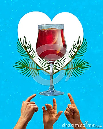 Poster. Contemporary art collage. Hands pointing, reach for glass of hot, delicious mulled wine, gluhwein decorated Stock Photo