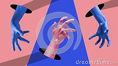 Poster. Contemporary art collage. Hands reaching out of holes against blue pink background. Support and rescue. Stock Photo