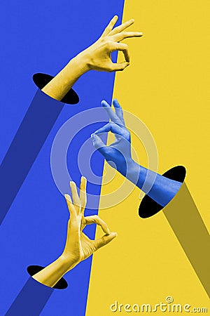 Poster. Contemporary art collage. Hands in yellow and blue duotone shows Okey sign. Abstract vibrant artwork. Stock Photo