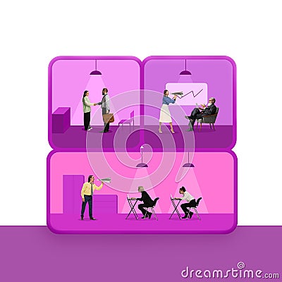 Poster. Contemporary art collage. Modern creative artwork. Business people in squares, office working, analyzing Stock Photo